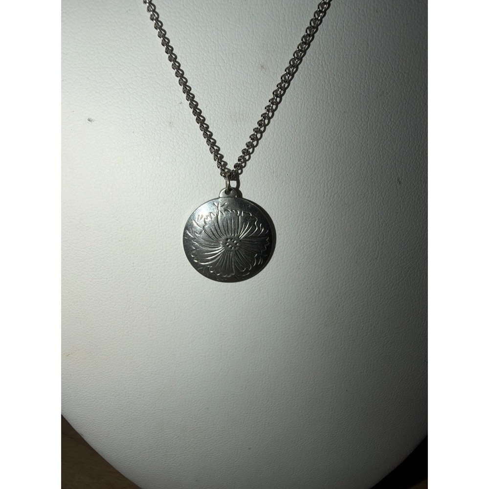 Kirk Stieff Pewter Floral Engraved‎ Disc Pendant on Chain Necklace